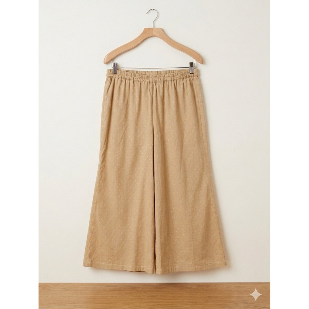 Womens Tan Wide Leg Coastal Culotte Pants LG Elastic Waist Flowy Textured Beige